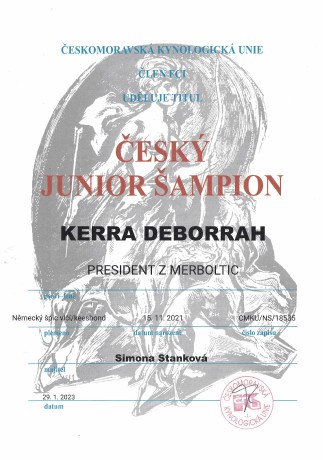  Kerra Deborrah President z Merboltic - ČESKÝ JUNIOR ŠAMPION